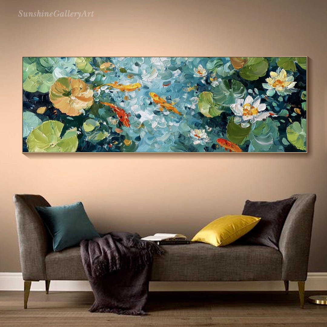 Koi Fish Pond Painting on Canvas Water Lily Textured Wall Art Zen ...