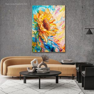 Sunflower Oil Painting On Canvas Colorful Floral Textured Wall Art Vibrant Impasto Artwork Bright Summer Bloom Wall Art Living Room Wall Art image 2