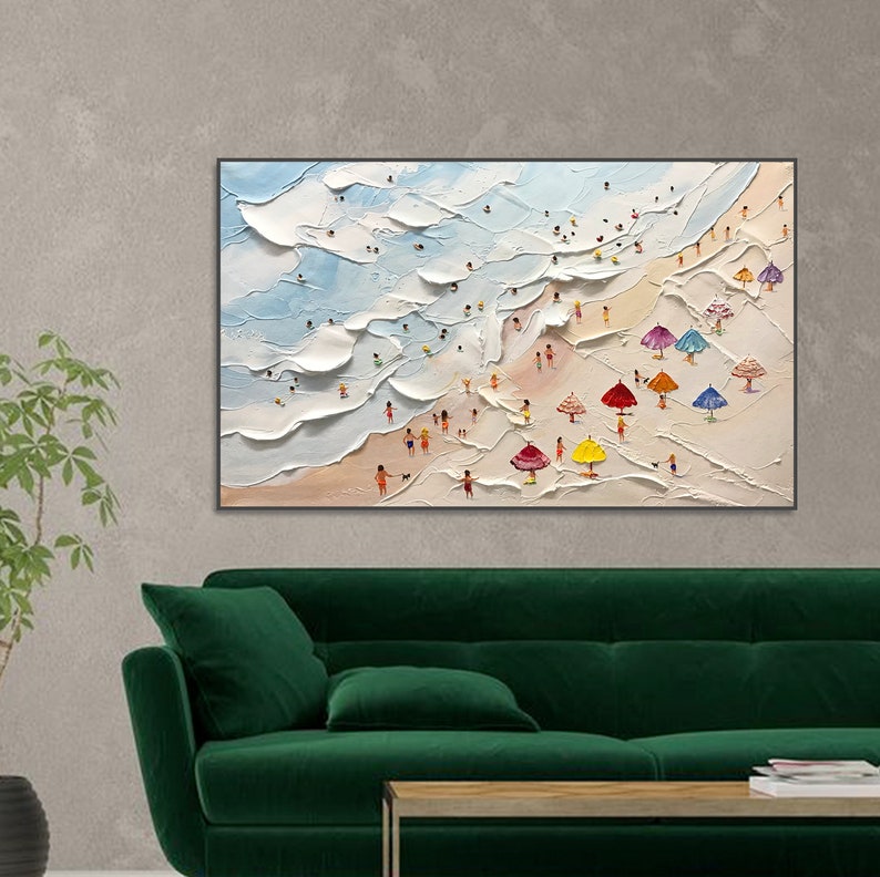 May include: A colourful painting of a beach scene with white waves, a sandy beach, and many people with colourful umbrellas. The painting is done in a textured style, giving it a 3D effect.