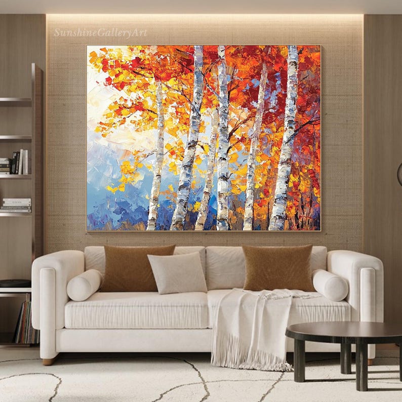 Puede incluir: Una pintura que representa una escena de bosque con abedules blancos y follaje oto&ntilde;al colorido. Los &aacute;rboles est&aacute;n pintados en un estilo grueso y texturizado, y las hojas son una mezcla de amarillo, naranja y rojo. El fondo es de un azul brumoso, lo que sugiere una cadena monta&ntilde;osa distante.