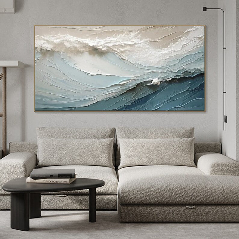 3D strukturiertes Gemälde auf Leinwand Blauer Ozean Minimalistische Malerei Sea Wave Painting Wabi-Sabi Wandkunst Schlafzimmer-Wand-Dekor Mode Kunst Bild 6