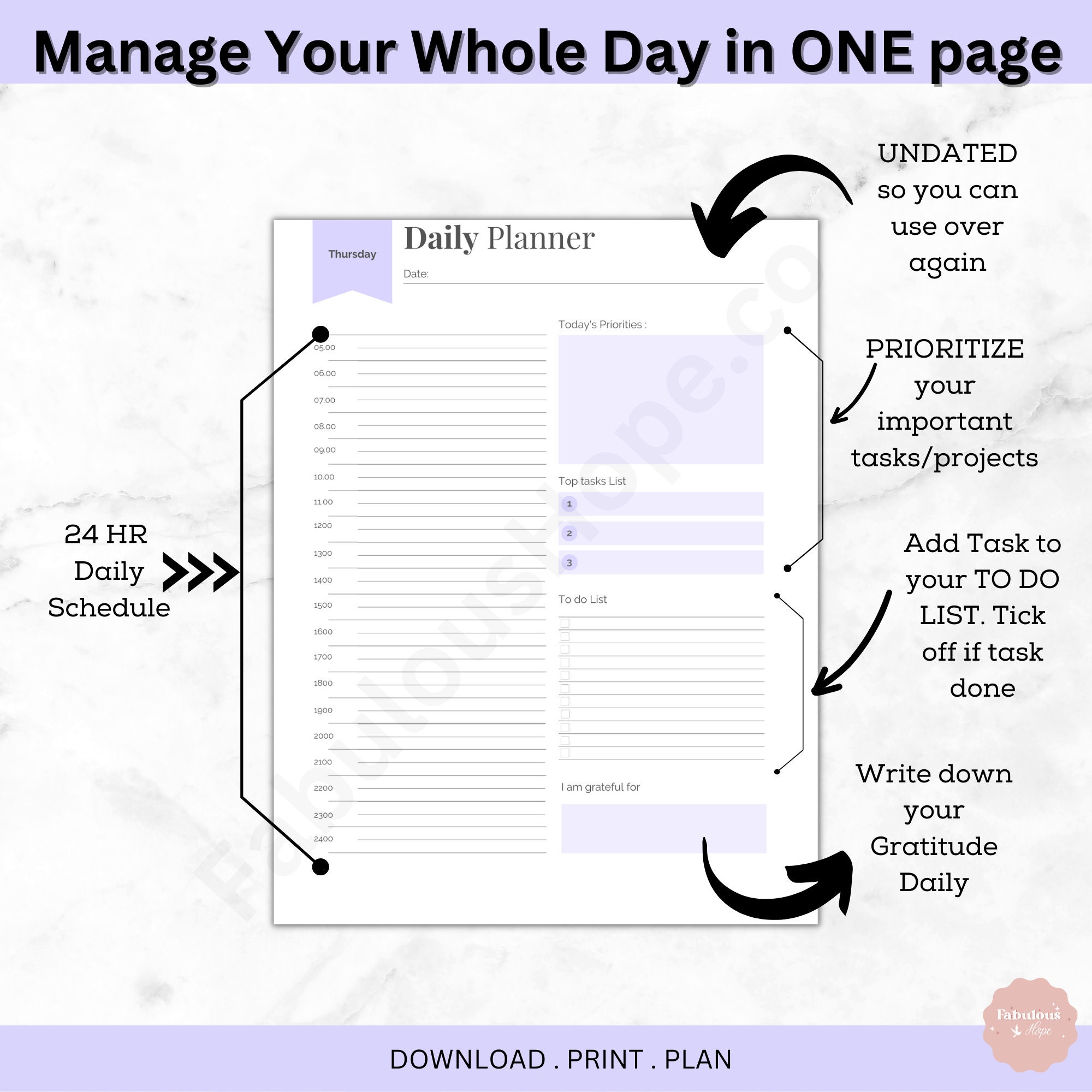 24 Hour Daily Planner PRINTABLE Template Hourly Planner to - Etsy