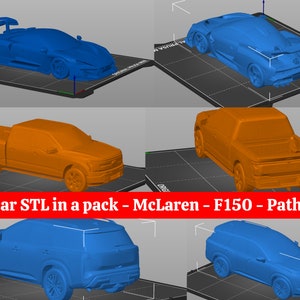 May include: Three 3D printed car models in a pack. A blue McLaren sports car, an orange Ford F150 pickup truck, and a blue Nissan Pathfinder SUV.