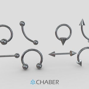 May include: A selection of silver body jewellery, including curved and straight barbells, and circular rings. The jewellery features ball ends and cone-shaped spikes. The image is set against a plain white background.