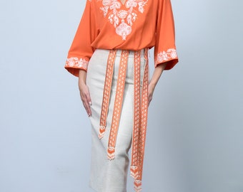 Orange embroidered blouse «Petrykivsky painting» beige embroidery