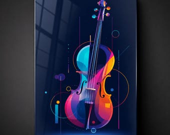 Abstract Violin Glass Wall Art, Vertical Tempered Glass Print, Music Room Decor