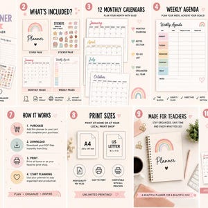 Pode incluir: Um conjunto de planejador digital para professores com arco-íris pastel, incluindo 12 calendários mensais, páginas de agenda semanal e adesivos digitais bônus. Arquivos PDF imprimíveis nos tamanhos A4 e US Letter.