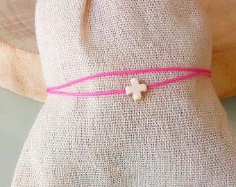 Damen-Knotenarmband, handgefertigtes Freundschaftsarmband, doppellagiges rosa Garn, Schiebeverschluss, Armband mit Kreuz, Geschenk für Sie