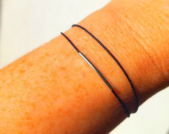 Minimalist double layer bracelet, handmade bracelet with black rayon thread, bracelet with silver tube, handmade bracelet, gift