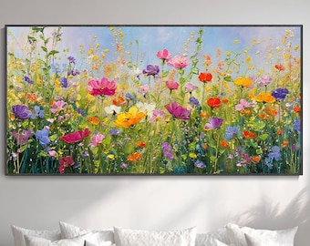 Dipinto di paesaggio con margherite colorate 3D a mano fiori selvatici texture spessa arte astratta bohémien tela olio decorazione parete
