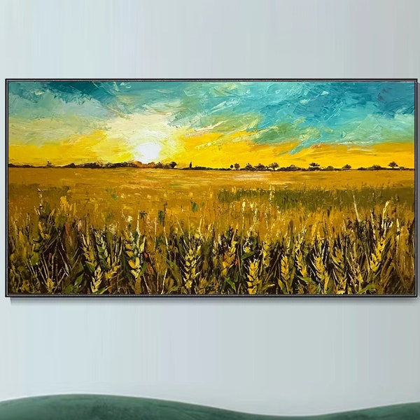 Peinture originale de texture de paysage de blé jaune peinture à l'huile peinte à la main au lever du soleil saison des récoltes décor d'art