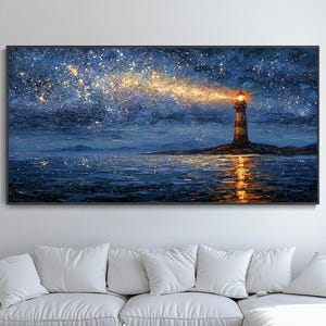 óleo mar nocturno faro costa pintura 3D textura gruesa espátula azul marina decoración pared abstracta natural lienzo original para salón