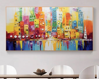 Cidade Vibrante Abstrata Textura Grossa Pintura a Óleo Arquitetura Moderna Cidade Paisagem Colorida Dinâmica Reflexo da Água Horizontal
