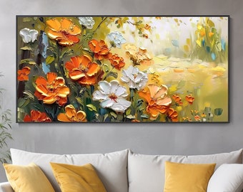 Paysage de jardin printanier lumineux avec texture épaisse peinture à l'huile tonalités orange et blanc fleurs au couteau panoramique style