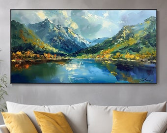 Spring Valley Dawn Light Landscape Oil Painting Original Thick Texture Canvas Art Knife-Painted Mountains Lakes Modern Living Room Decor Ink