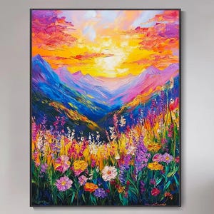 Serene Landscape Artwork Sunset Meadow Painting on Canvas Vibrant Wildflower Canvas Living Room Textured Field Wall Art Rustic Floral Art