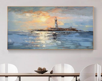 Abstrakte Seelandschaft handgemaltes Ölgemälde, Insel Leuchtturm kreative Textur Malerei, warme Sonnenschein Palette Messer Kunst Dekor