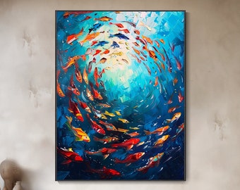 Tableau abstrait océanique Poissons tropicaux sous-marins Texture peinture Toiles en bleu Passion poissons rouges Œuvre à la texture riche