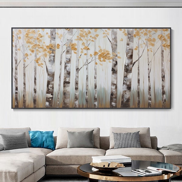Original Abstract Birch Tree Hand Oil Painting Withered Yellow Leaf Palette Knife Painting High-End Canvas Art Modern Forest Texture Mural