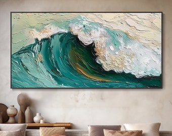 Peinture à l'huile vaste vague océanique toile spectaculaire nature paysage marin écume blanche vagues art dynamique décoration créative