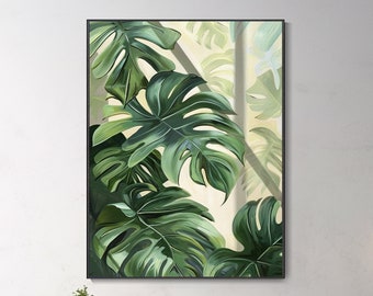 Peinture à l'huile sur toile de forêt tropicale Texture végétale 3D Couteau Art mural luxuriant Scène naturelle Effets d'ombre en relief