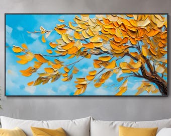 Bright Blue Sky Natural Landscape Painting Abstract Golden Yellow Leaves Plant Canvas Oil Painting 3D Hand Thick Texture Palette Knife Art