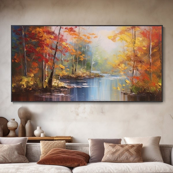 Grande toile automnale paysage feuillage doré rivières peinture à main nature tranquille oeuvres sur toile technique couteau décoration