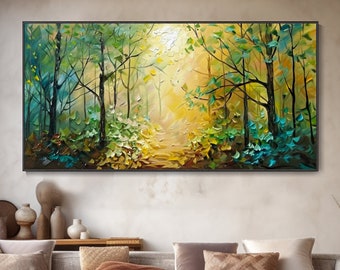 Peinture à l'huile texturée d'une matinée automnale en forêt sur toile Paysage naturel abstrait Décoration murale moderne pour la maison