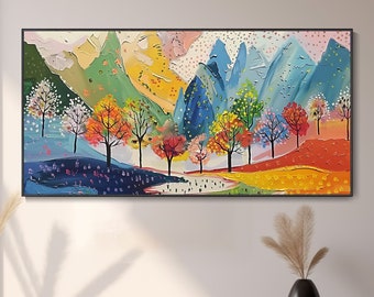 Grande peinture à l'huile abstraite paysage naturel Arbre en couleurs murale 3D à la main Paysages vibrants Automne Toile Scène nuances or