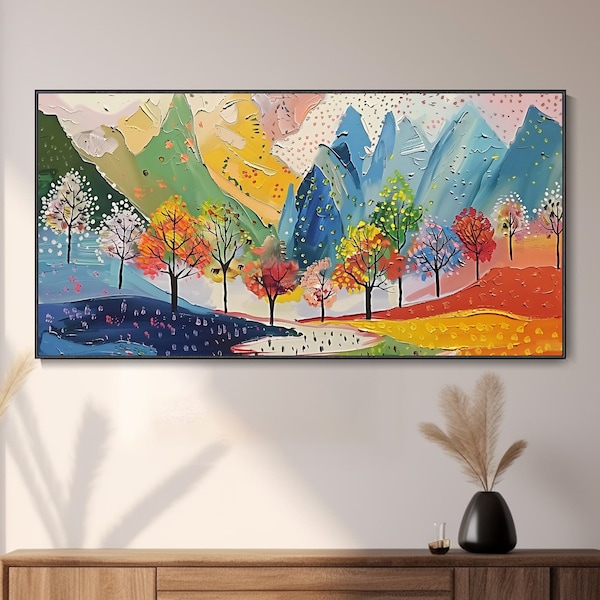 Grande peinture à l'huile abstraite paysage naturel Arbre en couleurs murale 3D à la main Paysages vibrants Automne Toile Scène nuances or