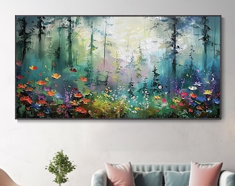 May include: A painting of a forest scene with a variety of colorful flowers in the foreground. The trees are tall and green, and the sky is a light blue. The painting is framed in a black frame.