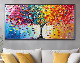 Abstract Colorful Tree Palette Knife Painting, 3D Oil Painting with Vibrant Falling Leaves, Hand-Painted Original Canvas Art, Large Wall Art