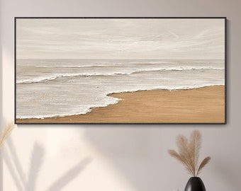 Peinture à l'huile paysage côtier serein abstrait minimaliste vagues textures beige décoration salon art moderne toile panoramique vue