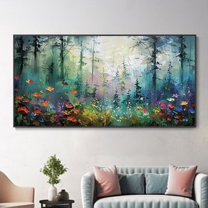 Original Colorful Forest Canvas Oil Painting Blue Green Flowers Texture Trees Landscape Art Abstract Real Nature Personalized Hand Art Decor