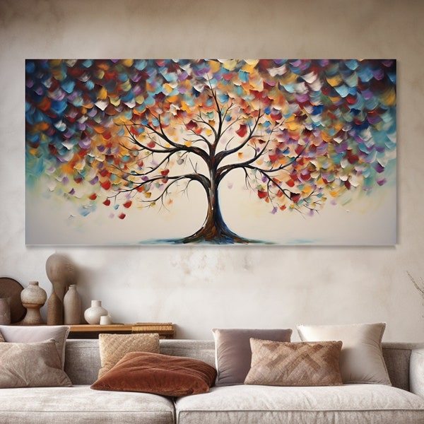 Duży abstrakcyjny obraz Drzewo Czterech Pór Roku Gęsta faktura Kolorowe zmiany liści Motyw siły życia Pejzaż mural Autorski ręcznie malowany