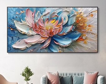 Grande toile originale de lotus en fleurs Peinture à l'huile abstraite texture épaisse au couteau Tons rose bleu et or Pièce d'art fait main