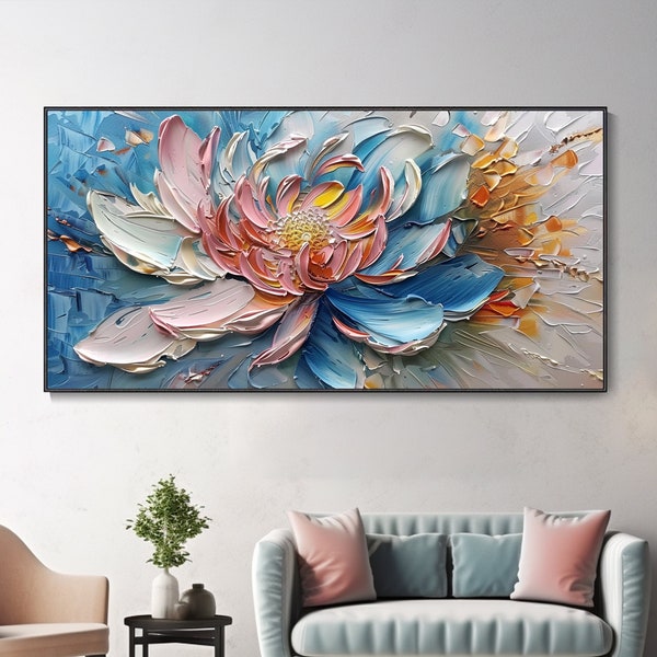 Large Original Blooming Lotus Canvas Oil Painting Abstract Floral Thick Texture Palette Knife Artwork Pink Blue Gold Hues Handcrafted Luxury