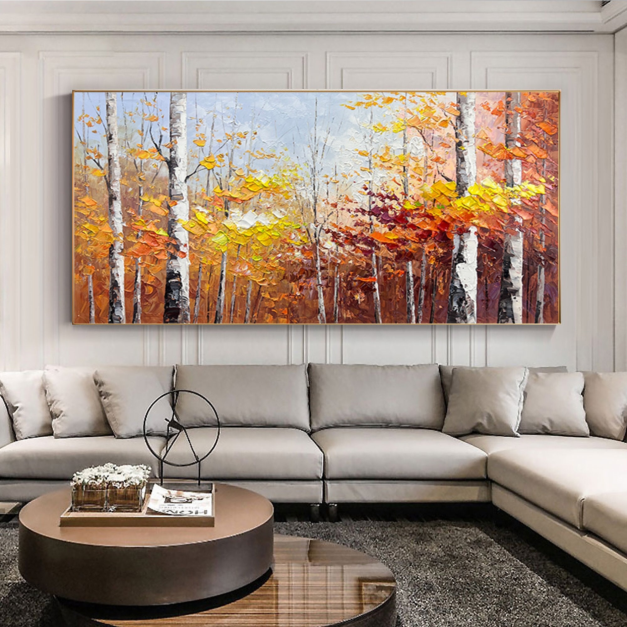 LB Autumn Maple Leaves Canvas Wall Art Fall Tree Forest Field Landcape  Painting Canvas Prints Artwork for Living Room Bedroom Bathroom Home Decor