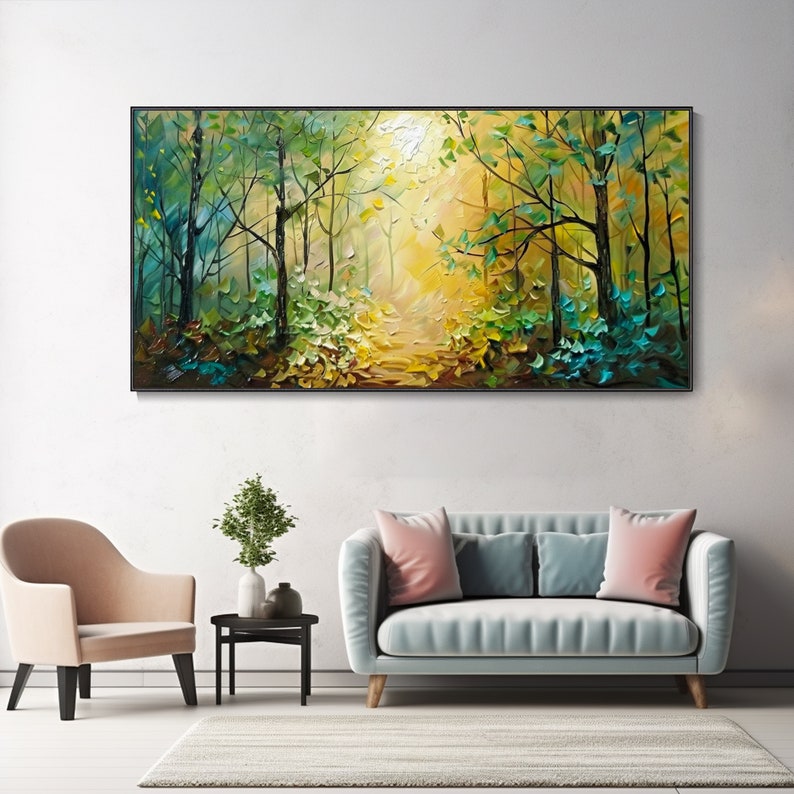 Peinture à l'huile texturée d'une matinée automnale en forêt sur toile Paysage naturel abstrait Décoration murale moderne pour la maison image 3