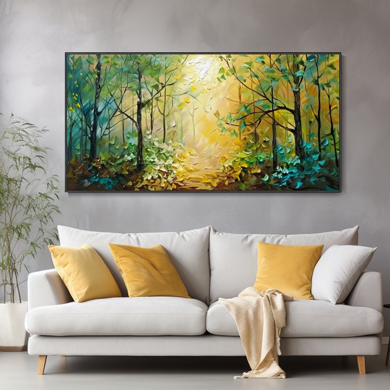 Peinture à l'huile texturée d'une matinée automnale en forêt sur toile Paysage naturel abstrait Décoration murale moderne pour la maison image 5