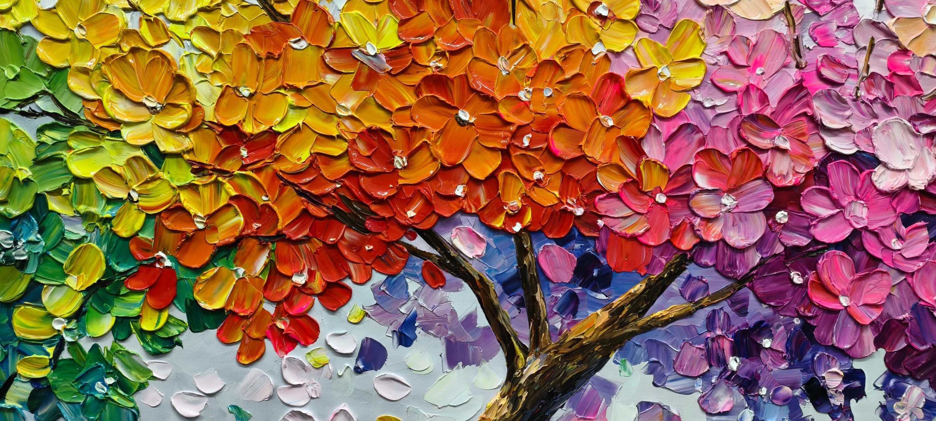 Colorful Flower Tree Hand Texture Wall Art 3D Abstract Boho Nature ...