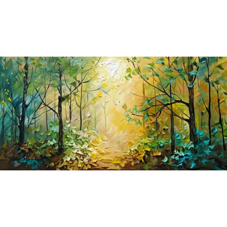 Peinture à l'huile texturée d'une matinée automnale en forêt sur toile Paysage naturel abstrait Décoration murale moderne pour la maison image 2