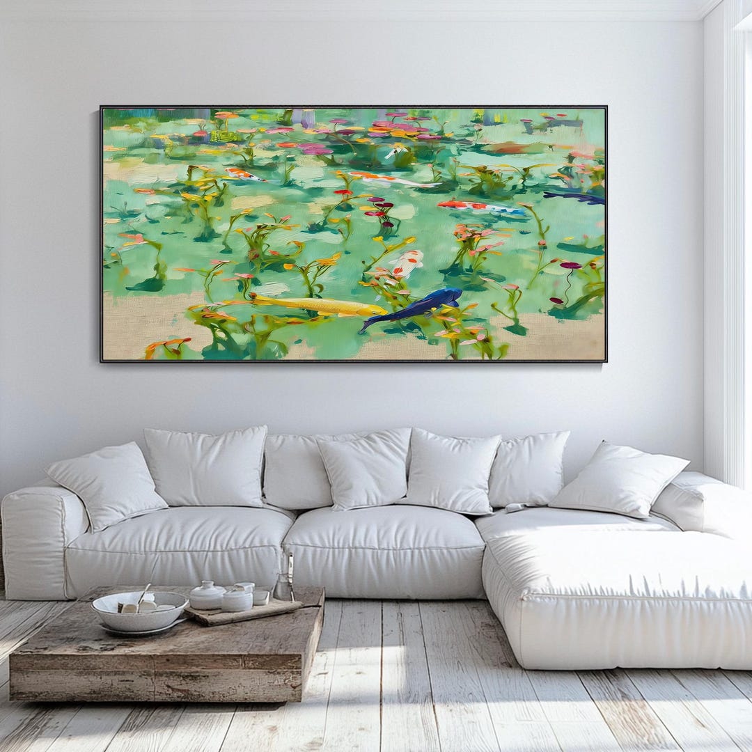 Abstract Water Lily Lake Landscape Painting 3D Hand Koi Animal Canvas ...