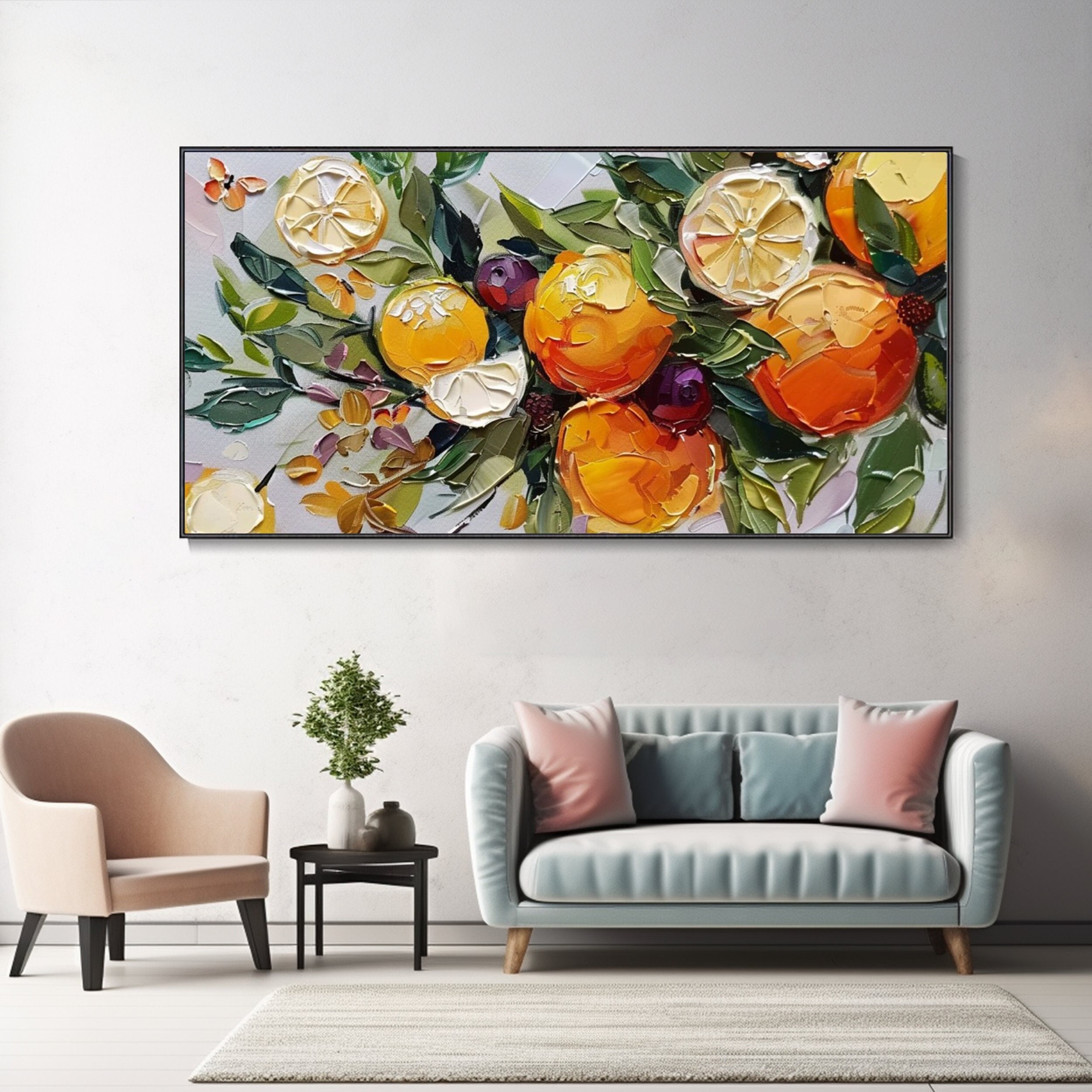 Vibrant Abstract Still Life Oil Painting Orange Tree with Lush Green Leaves and Fruits, Thick-Textured Hand Art for Modern Dining Room Decor