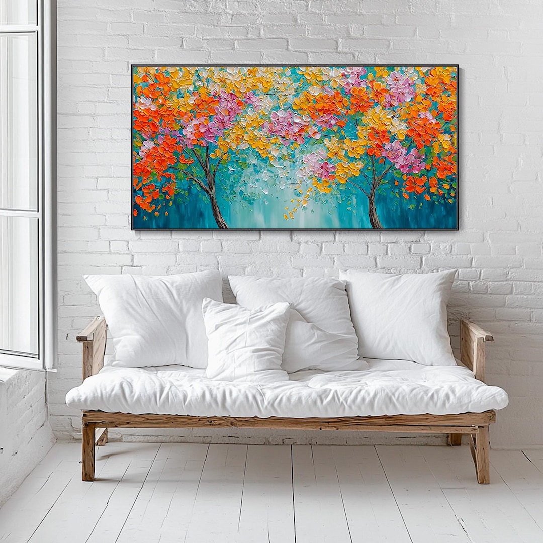 Colorful Flower Tree Oil Painting Thick Texture 3D Hand Abstract Floral ...