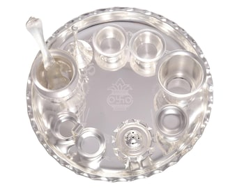 Silver plated puja thali for aarti, occasiona gifts & decor Set of 10 pooja items (26 x 26 x 6.5 cm, Silver)