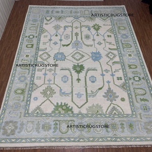 9x12 Handmade Modern Oushak Rug with Sea Blue Border Olive green Blue Accent Modern Rug | Living Room rug Hand knotted turkish inspired rug