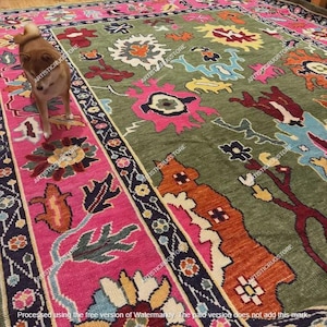 Olive Green & Pink Area Rug, Blue Yellow Orange Oushak Rug, Modern Turkish Rug For Living Room, Colorful Wool Rug For Contemporary Bedroom
