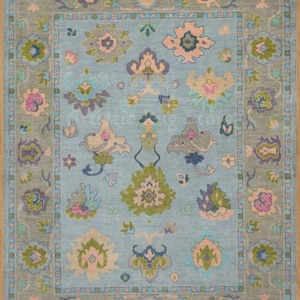 Blue Oushak Rug 9x12 With Gray Border, Green Wool Rug, Purple Pink Accent Turkish Rug, Modern Area Rug For Living Room, Kitchen, Bedroom