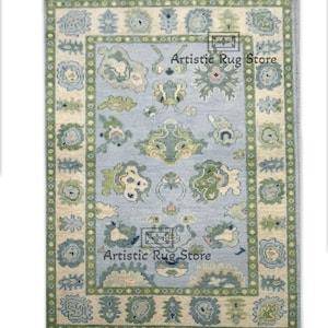 9x12 Blue And Green Designer Oushak Rug, Oushak Rug With Ivory, Olive Green & Light Pink Motifs: Modern Coastal Comfort Large Area Rug